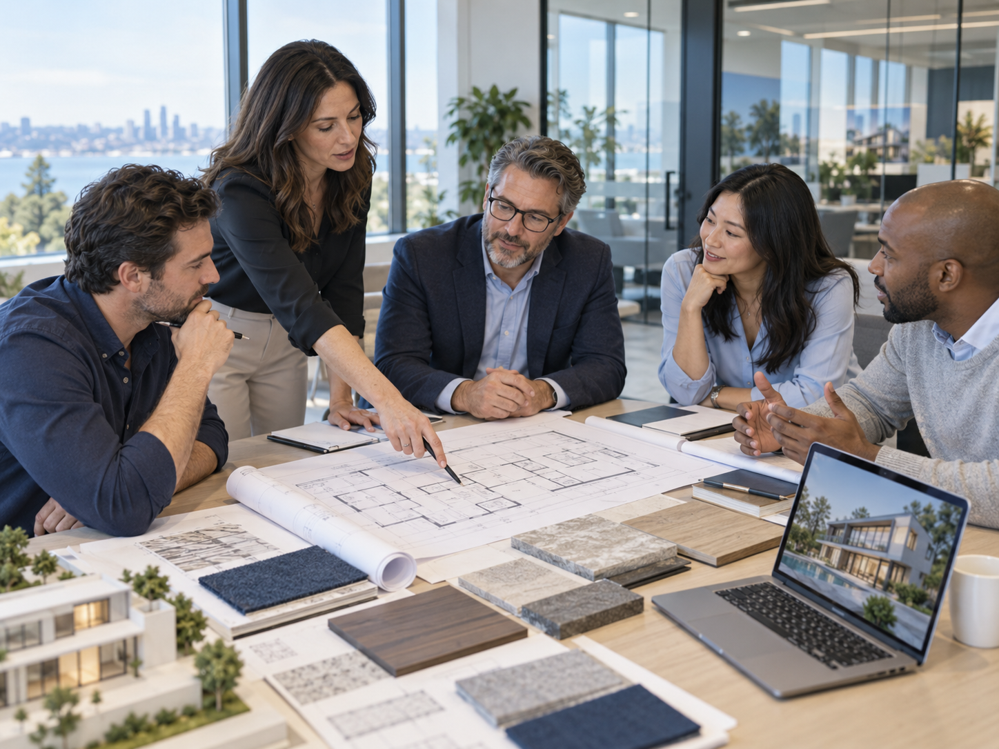 Design professionals collaborating on architectural plans in a corporate studio